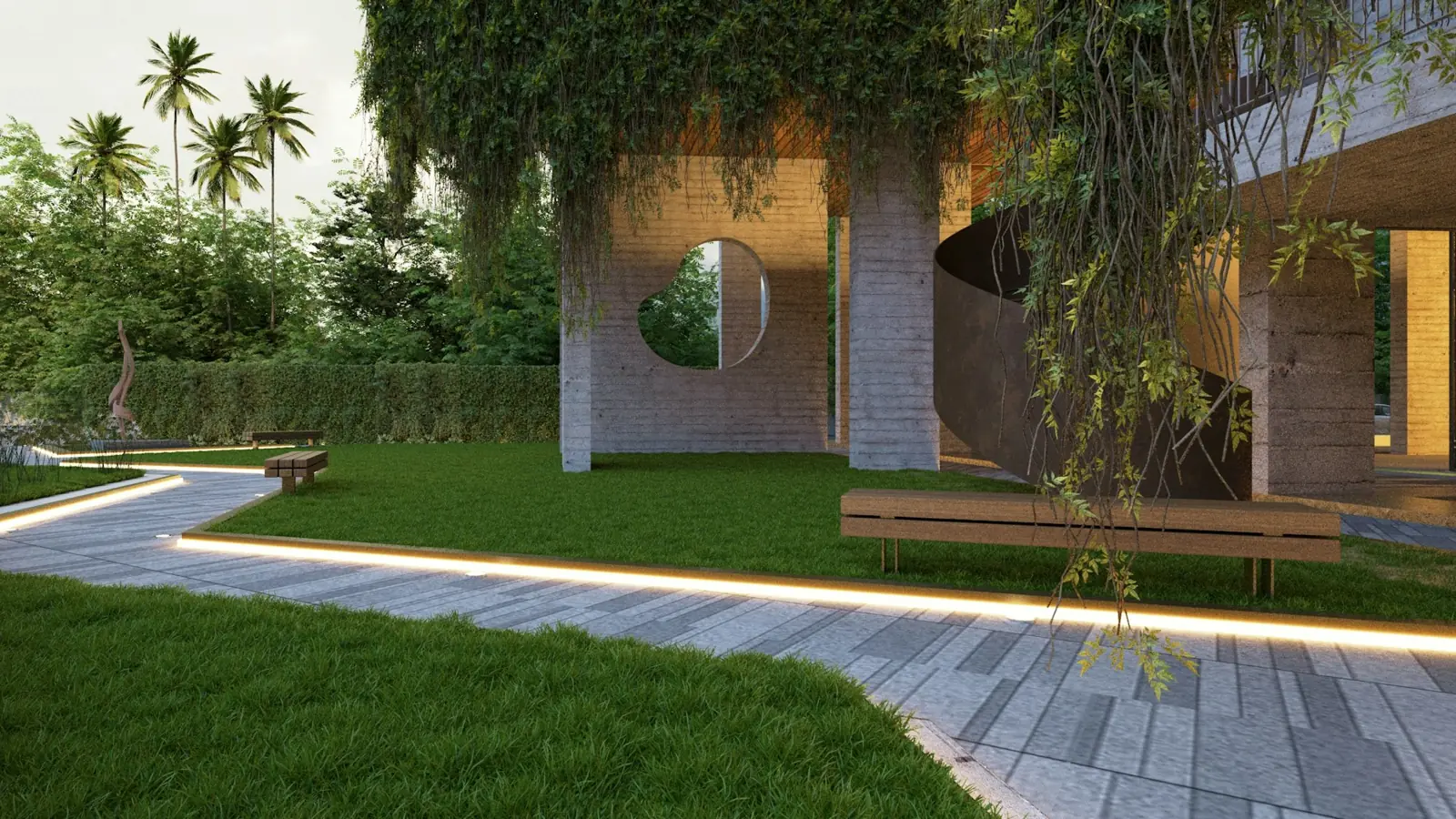 Modern garden with lit paving and lawn