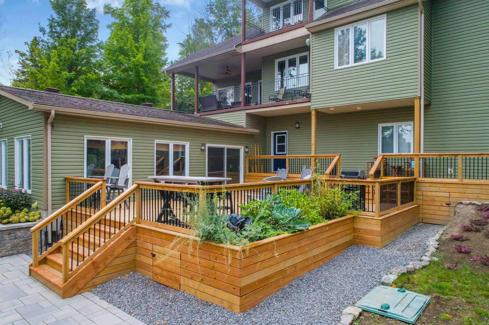Multi-level timber deck with built-in planters